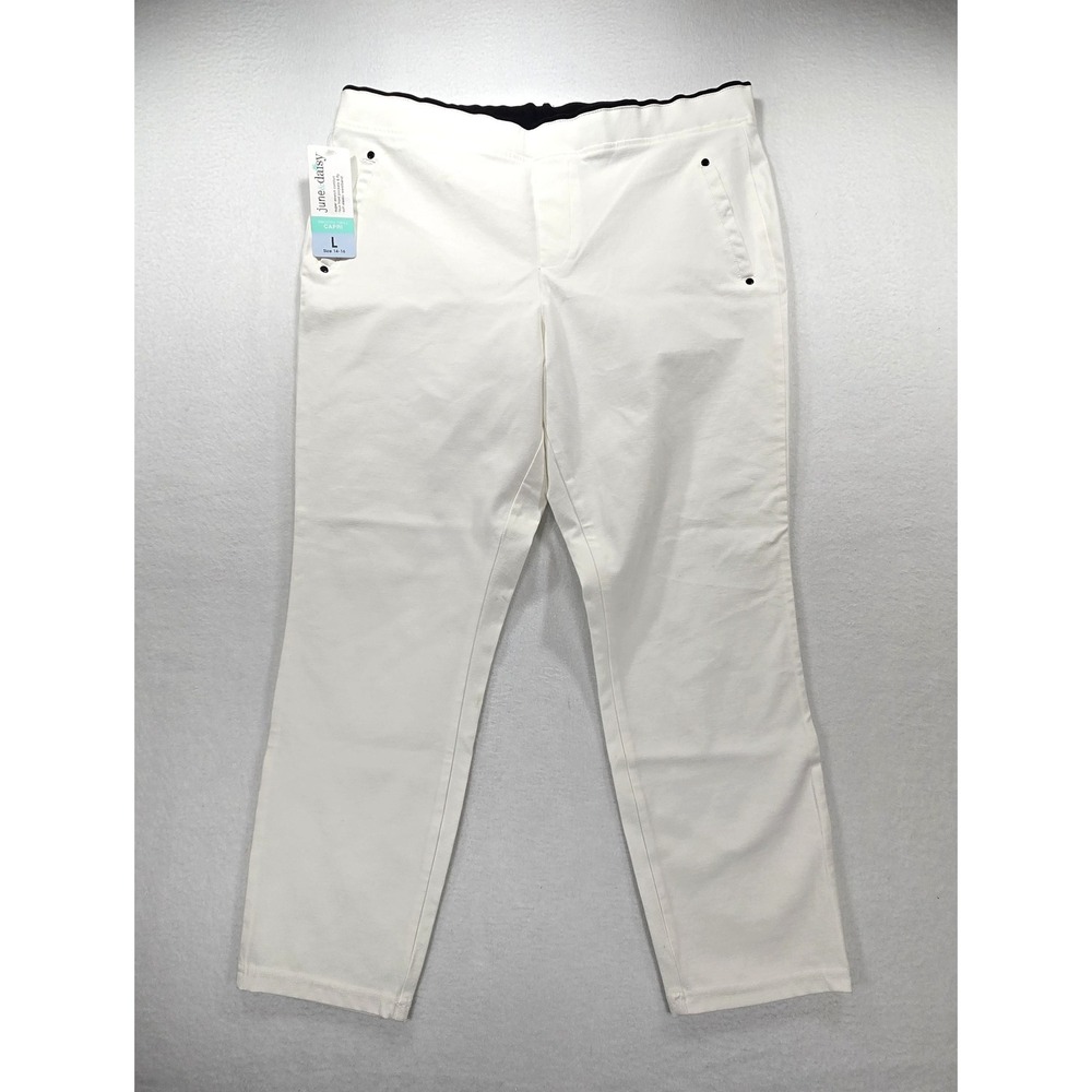 June & Daisy Womens White Smooth Twill Capri Pants Super Stretch Comfort Size‎ L